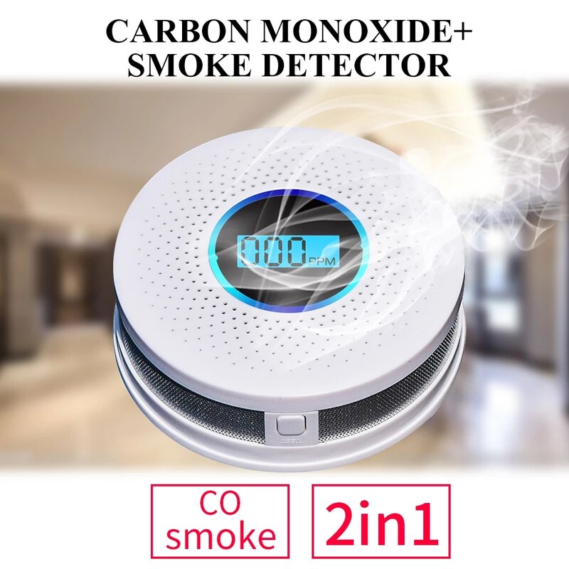 Detector de monóxido de carbono fumaça a pilhas combinação fumo co alarme led display digital alerta voz sensor segurança em casa