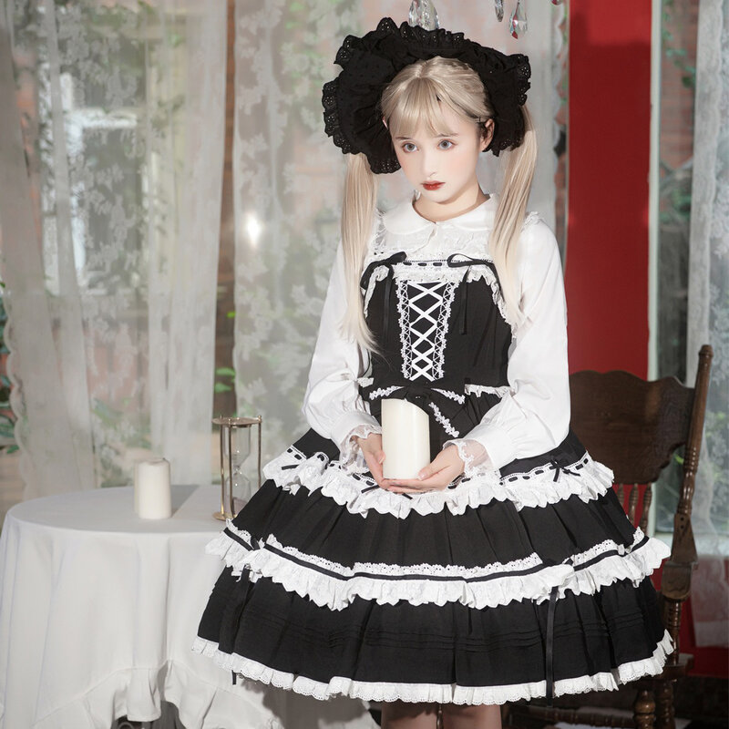 Black Gothic Lolita Dress Sweet Girls Cute Kawaii Spaghetti Strap Maid Vintage Lace Halloween Lace Women Summer Party Dress