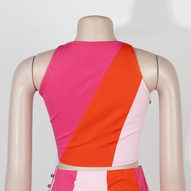 Perl dwa 2 sztuka zestaw elegancki kobiety frezowanie Colorblocked Midi Bodycon Mini-line spódnica garnitur moda pasujące stroje 2022