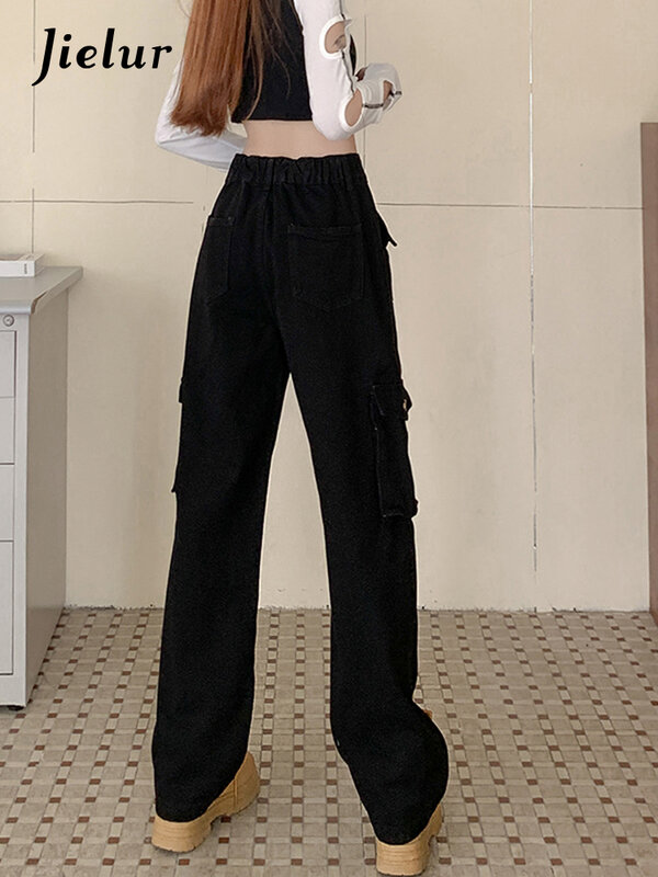 Jieur Pakaian Kerja Jeans Kargo Hitam Wanita Streetwear Celana Pinggang Tinggi Multi-saku untuk Wanita Celana Kaki Lebar Lurus Keren S-XL