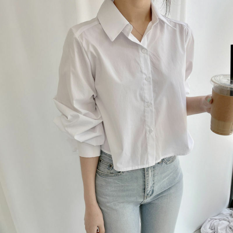 QWEEK – chemises à manches longues pour femmes, Harajuku, Style coréen, blanc, bleu, Style Preppy, doux, filles, hauts asymétriques