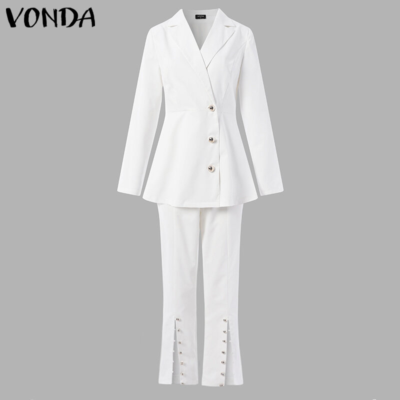 Winter Thin Long Sleeve Lapel Suit VONDA Women 2pcs Sets Ropa De Mujer Jackets Solid Color Y2K Office Coats With Split Trousers