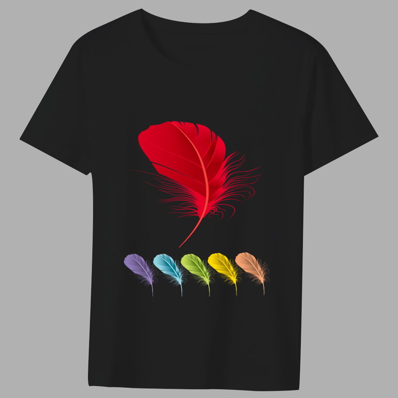 Camiseta de moda para hombre, Camiseta clásica con estampado de plumas coloridas, colección de patrones versátiles, informal, cuello redondo, cómoda, Top