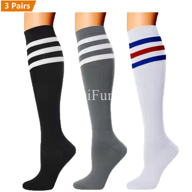 Calcetines de compresión de 3 par/lote para fútbol, Medias de compresión a rayas blancas y negras, hasta la rodilla, para correr
