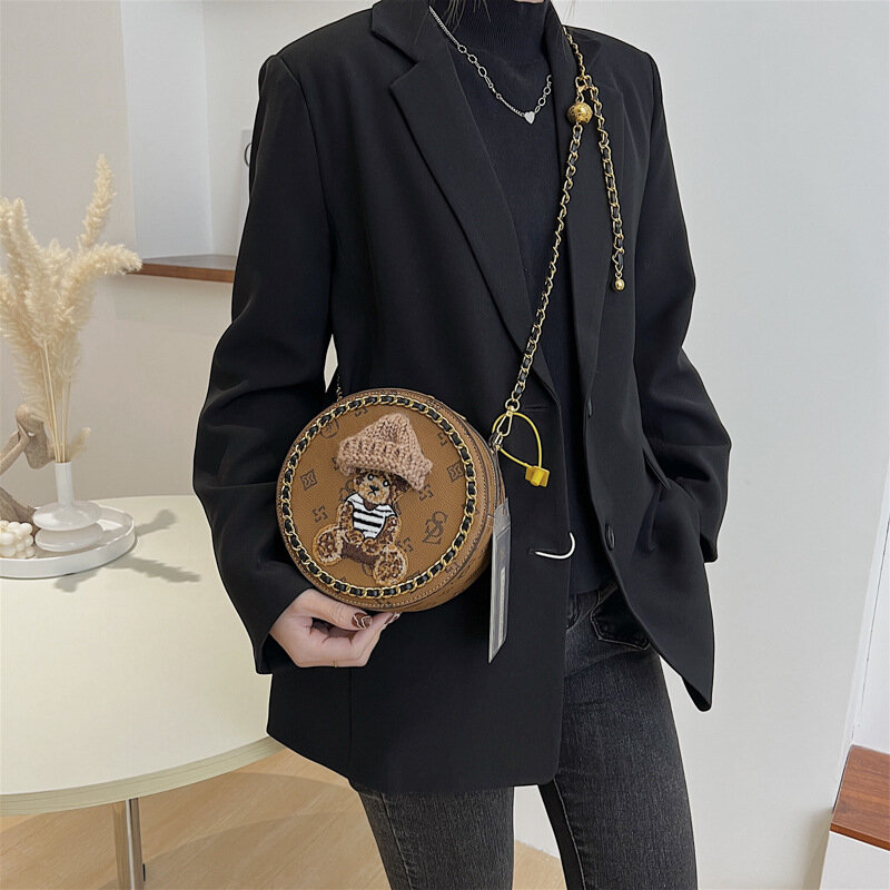 Bolso pequeño redondo para mujer, bandolera con estampado Vintage, cadena de cuero, bonito oso, diseñador de lujo, 2022