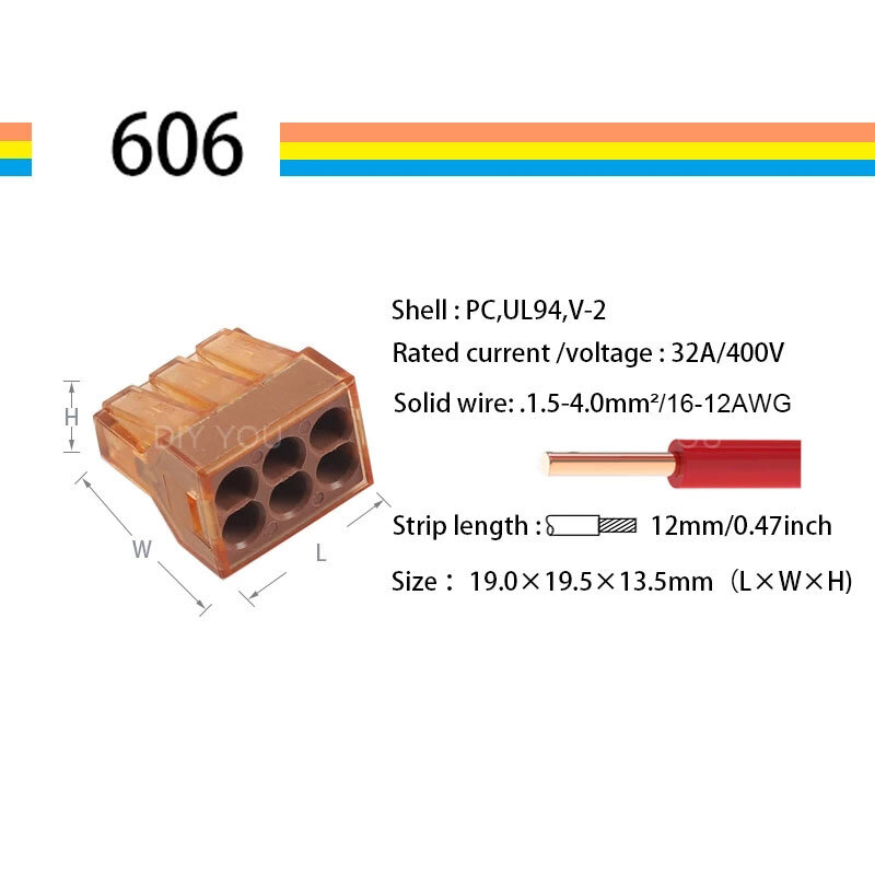 Conector de cable compacto, bloque de terminales de empuje, 2/4/100 Pin Lever1.5-4 AWG 16-12, 602, 604, 606, 608, 6/8, 30/50/Uds.