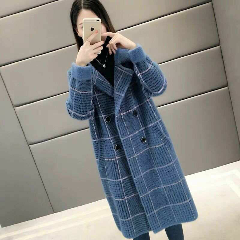 Korean fashion imitation mink coat women's sweater cardigan long 2022 autumn winter thickened loose mink Plaid double-sided coat