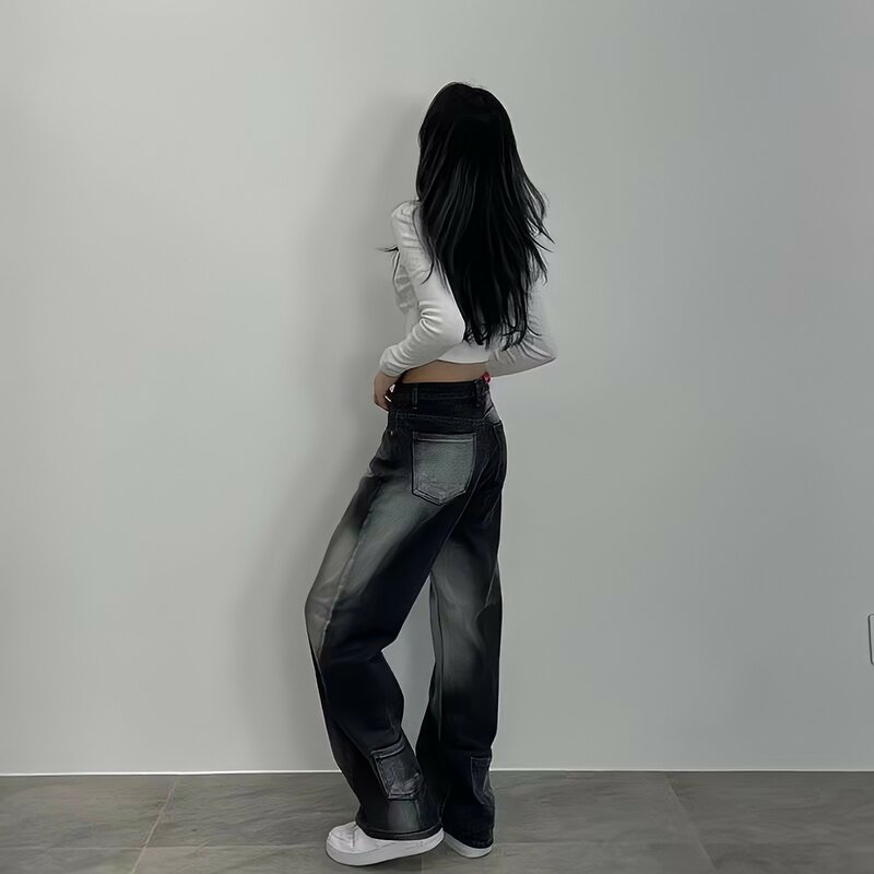 Zwarte Hoge Taille Jeans Vrouwen Amerikaanse Stijl Vintage 90S Baggy Y2k Streetwear Zomer Ins Koreaanse Mode Wijde Pijpen Denim broek