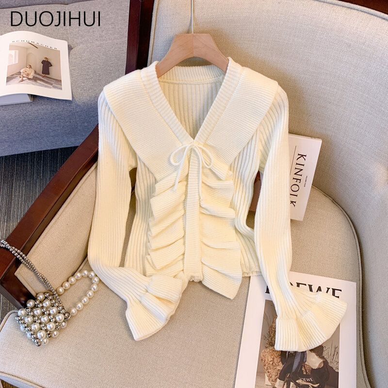 DUOJIHUI Autumn New Chic Knitting Simple Female Pullovers Elegant V-neck Fashion Lace-up Casual Basic Pure Color Women Pullovers