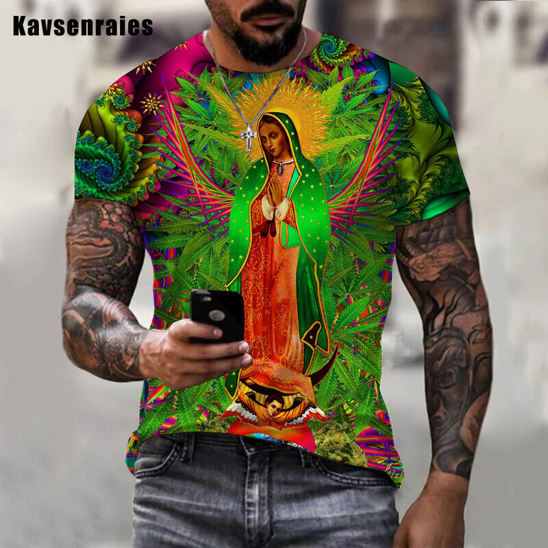 Camiseta con estampado 3D de la Virgen María de Guadalupe para hombre y mujer, camisa informal de gran tamaño, de alta calidad, a la moda, de verano, 2022