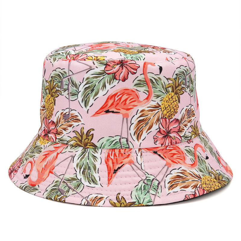 New Street Flamingo Printed Double-sided Bucket Hat Outdoor Panama Fisherman Caps Men Women Harajuku