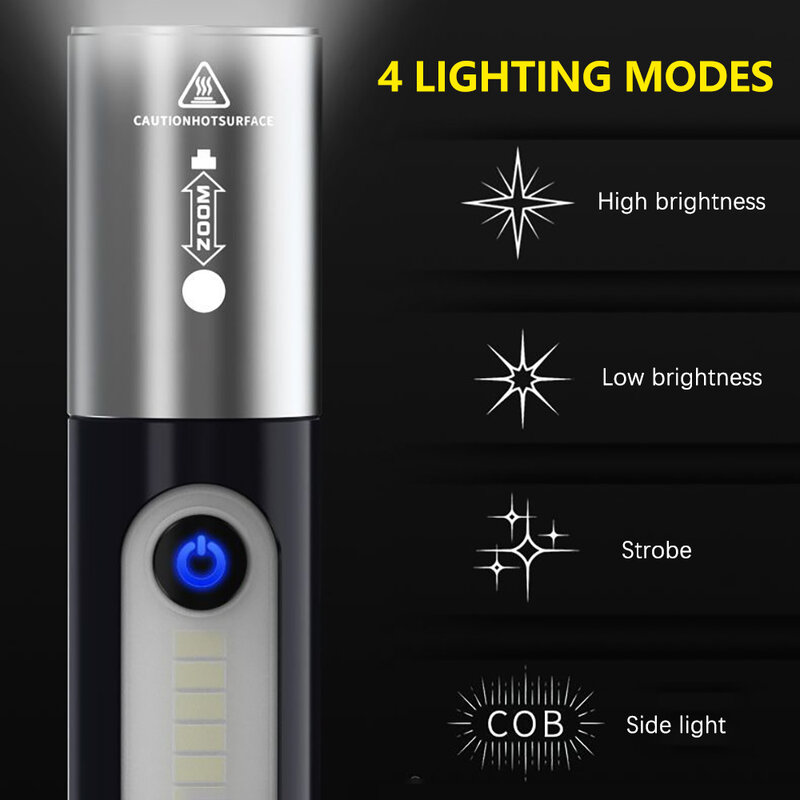 Linterna LED multifuncional XHP50, luz de trabajo recargable por USB, linterna de pesca para acampar, resistente al agua, Zoom, llavero
