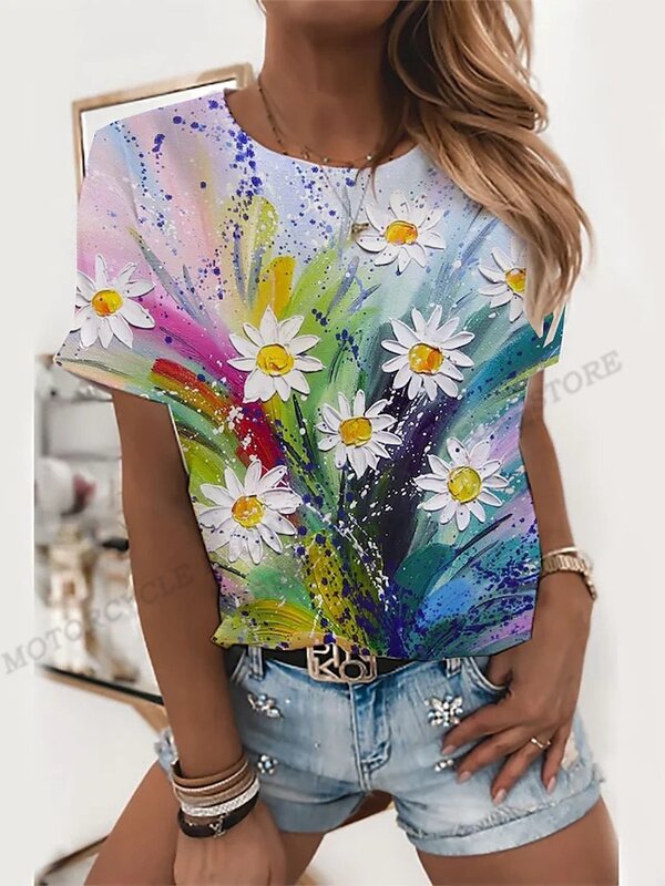 Camiseta com Estampa Floral Feminina, Dandelion, 3D Harajuku, Tops de Manga Curta, Camiseta Feminina, Camiseta Respirável Meninas, Moda