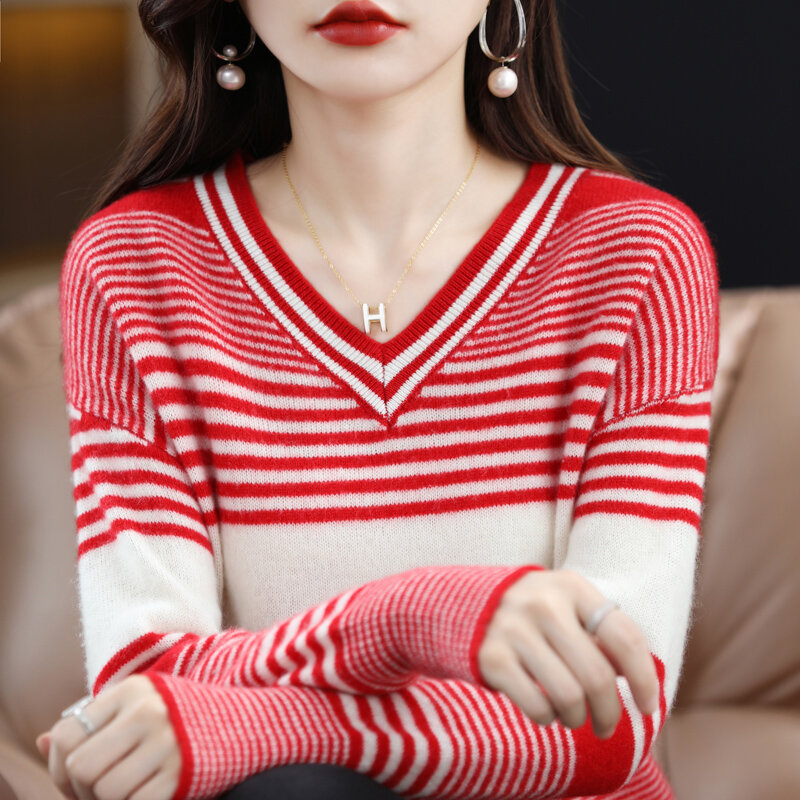 Novo outono e inverno camisola de caxemira feminina com decote em v correspondência de cores de mangas compridas listrado pulôver usa lã de mangas compridas knitt