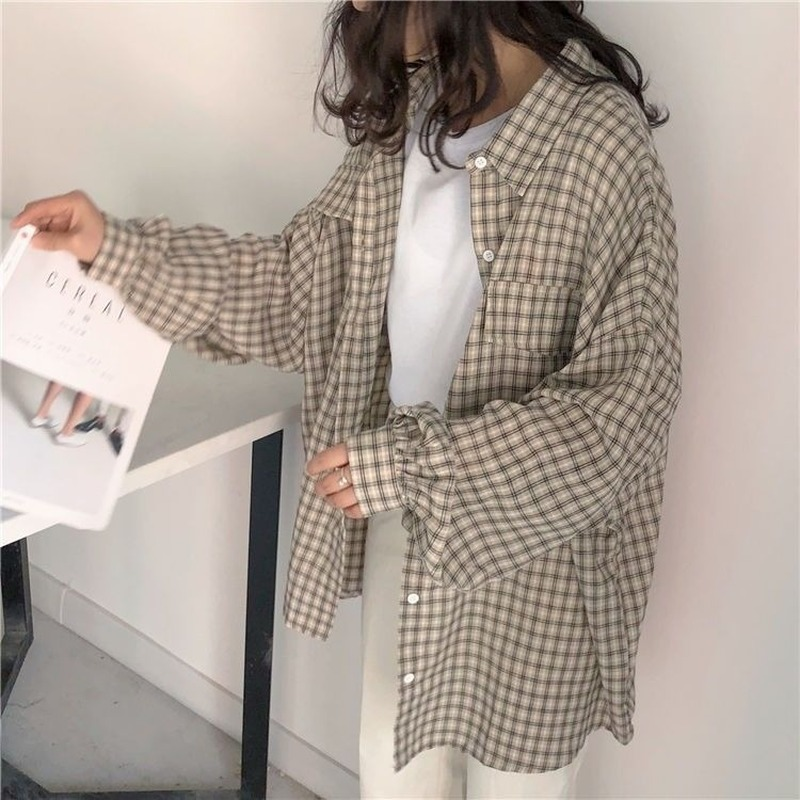 HOUZHOU-camisas Vintage a cuadros para mujer, Blusa de manga farol de gran tamaño a la moda coreana, Top básico informal Harajuku para estudiantes, otoño 2022