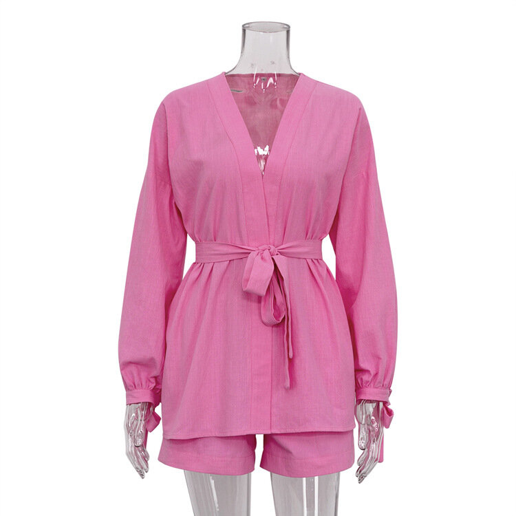 ฤดูใบไม้ร่วงฤดูใบไม้ร่วง Lace-Up Robes เสื้อ2ชิ้นชุดสตรี Casual หลวมสูงเอวกางเกงขาสั้นชุด Elegant สีชมพูชุด...