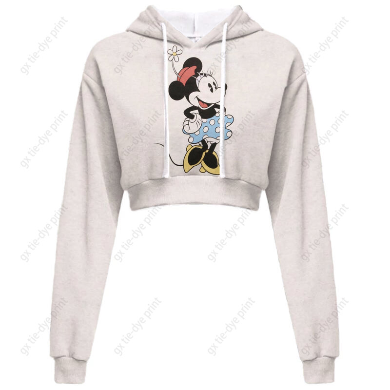 Cartoon Disney Minnie Mickey Mouse Print Spring Autumn Women Short Hoodies Street Style Casual Slim Navel Crop Female Sweatshirt