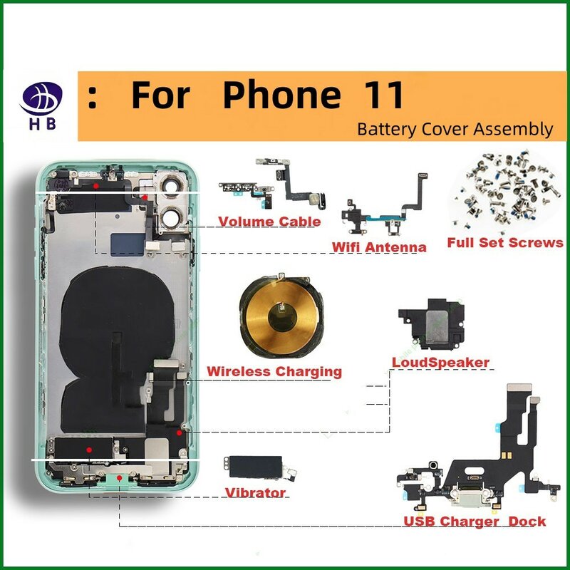 Cubierta trasera para batería de iPhone 11, carcasa media, bandeja de tarjeta SIM, montaje de llave lateral, instalación de cable de carcasa blanda + carcasa de herramienta i11