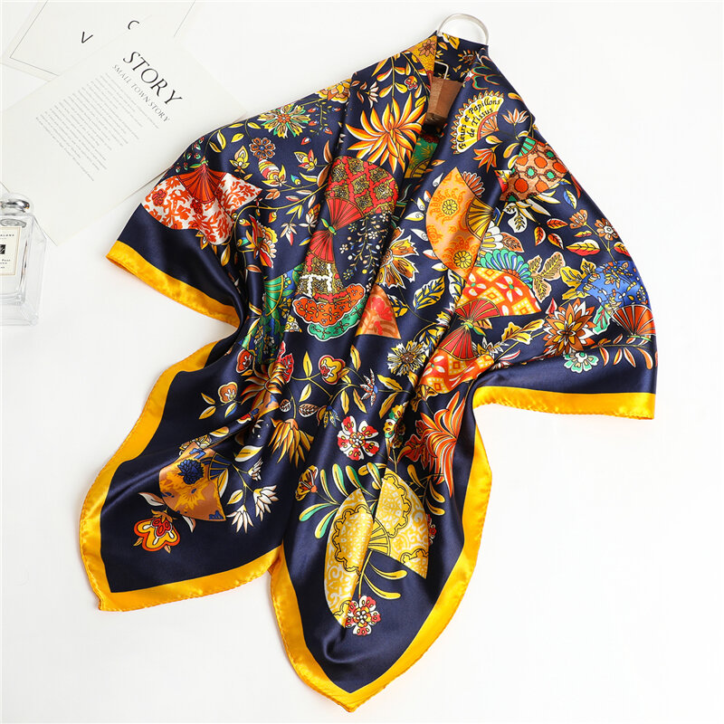 Bufanda cuadrada de seda satinada para mujer, con estampado Floral Hijab, chales para mujer, diadema, pañuelo para el cuello, Foulard de 90x90cm