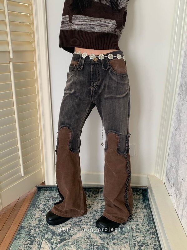 Yedinas American Retro Patchwork Mom Jeans Femme Y2k Tassel Design Denim Flare Pants Autumn Winter 2022 Do Old Ladies Jeans