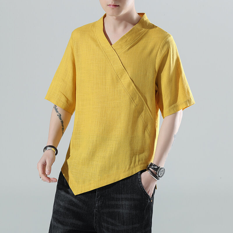 Camisas de estilo chino de lino antiguo, ropa de ocio literaria grande, suelta, con cuello en V, camiseta de manga corta, verano 2023