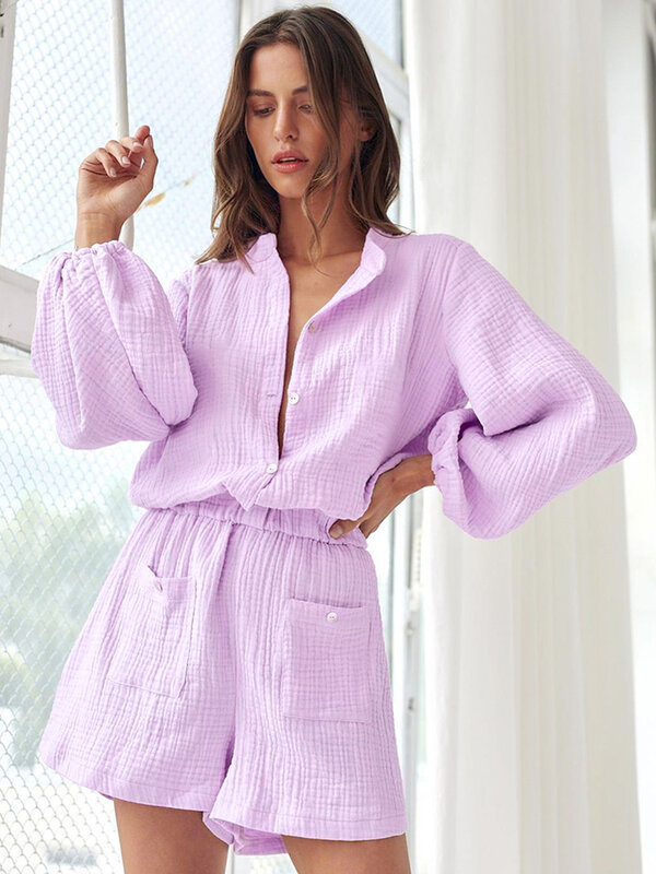 Hiloc – combishort 100% coton avec poches et manches lanternes pour femme, barboteuse unie à simple boutonnage, pyjama féminin, vêtements de nuit, printemps