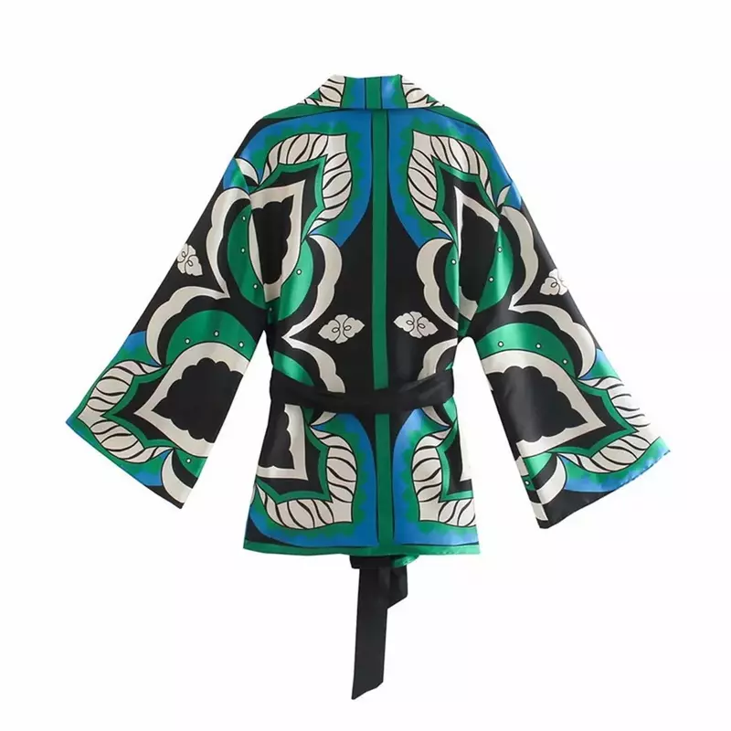 Blus Baju Kimono Motif Daun Warna Kontras Vintage Atasan Blus Cardigan dengan Ikat Pinggang Pita Cantik Wanita