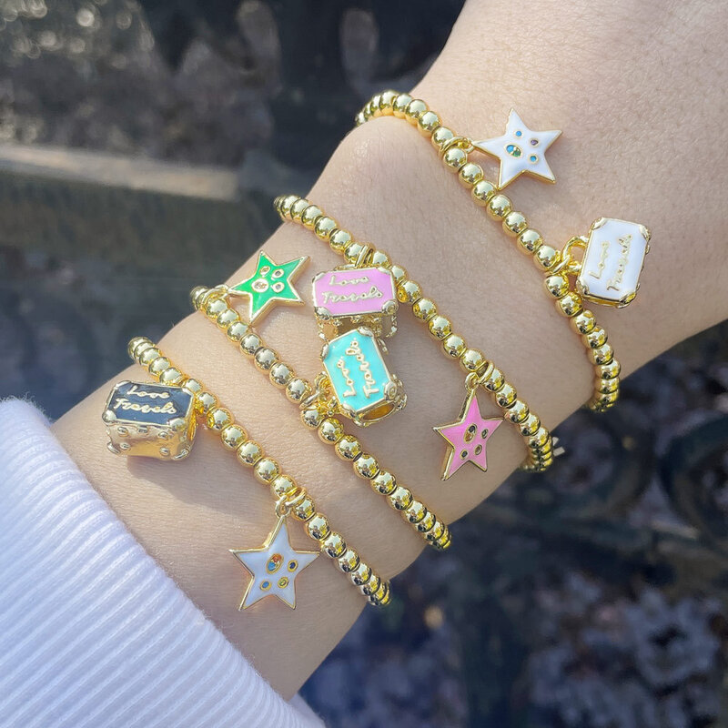 Distância charme estrela bloqueio pulseira feminina simples moda mão-frisado ouro cobre grânulo pulseira elástica jóias