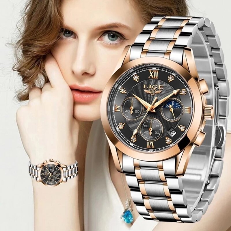LIGE 2022ใหม่นาฬิกาผู้หญิงนาฬิกาสุภาพสตรีสร้างสรรค์เหล็กสร้อยข้อมือสตรีนาฬิกาผู้หญิงนาฬิกา ...