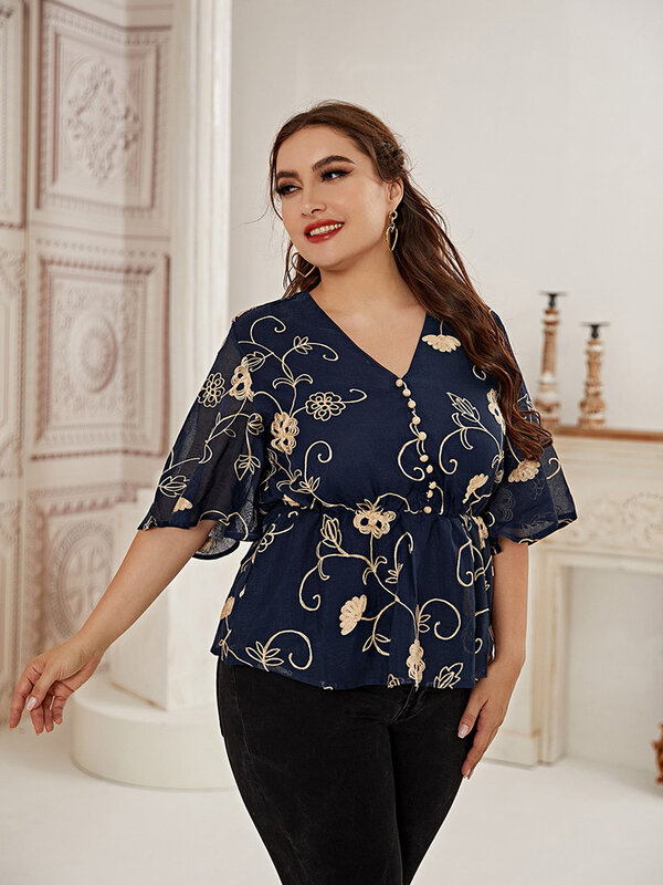 TOLEEN-Camiseta informal de talla grande para mujer, ropa musulmana a la moda, color azul, barata, para verano, 2022