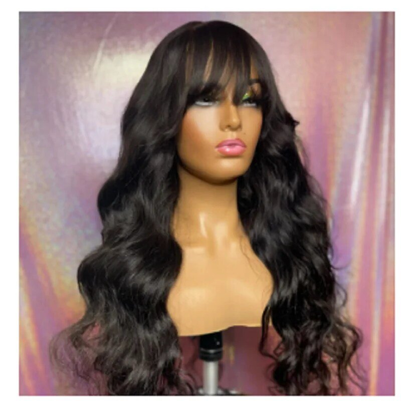 Soft 26 inch Long Wave Synthetic Machine WigWith Bangs For Black Women Glueless Cosplay Heat Fiber Wig