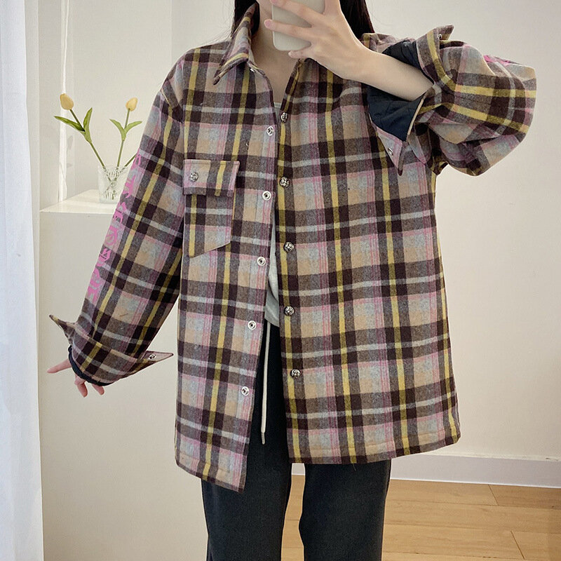 Plaid Jacket Cotton Shirt Coat Woman Crowe Design Sense Niche Loose Korean Version Versatile Long-sleeved Shirt Woman