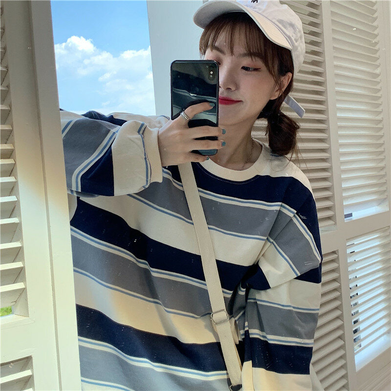 Bluzy damskie Harajuku Stripe bawełniana bluza z kapturem ubrania 2022 wiosna lato z długim rękawem luźna Kawaii koreańska cienka bluza koszulki w stylu k-pop