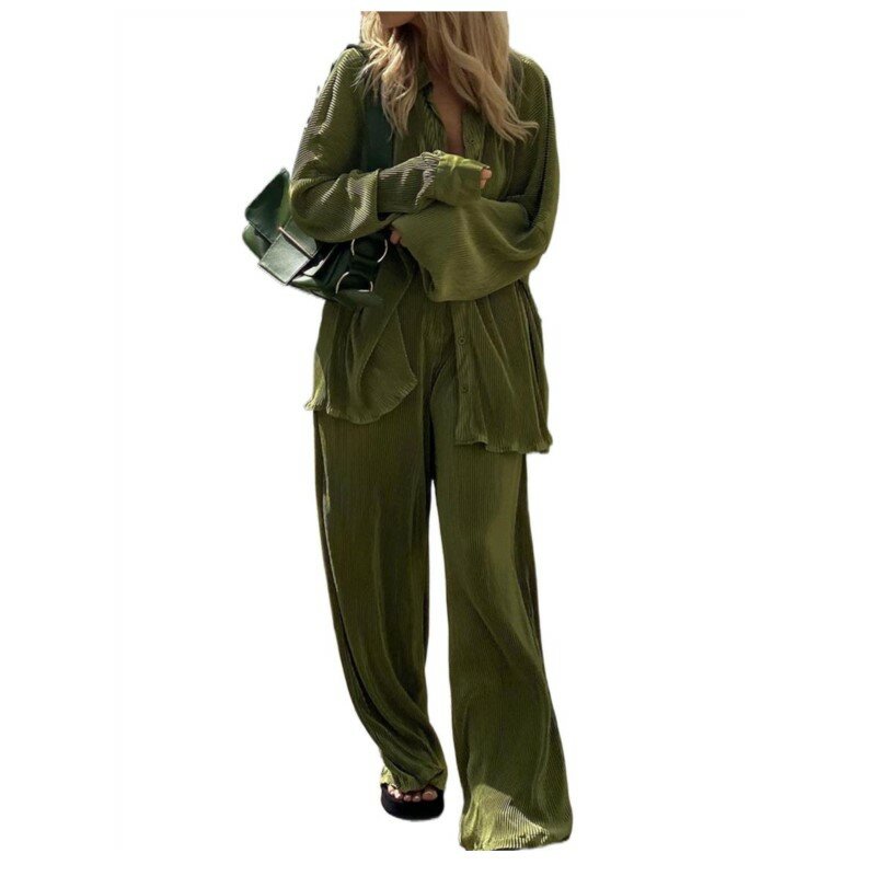 Conjunto de dos piezas de pantalón holgado y manga larga para mujer, conjunto de camisa informal, pantalón verde elegante, a juego, otoño