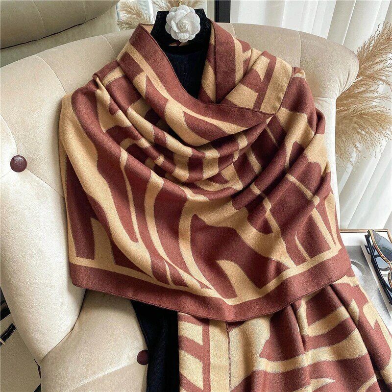Зимний двухсторонний кашемировый шарф, шали из пашмианской ткани с принтом, теплая Женская палантин, женское толстое одеяло, Женский дизайн...