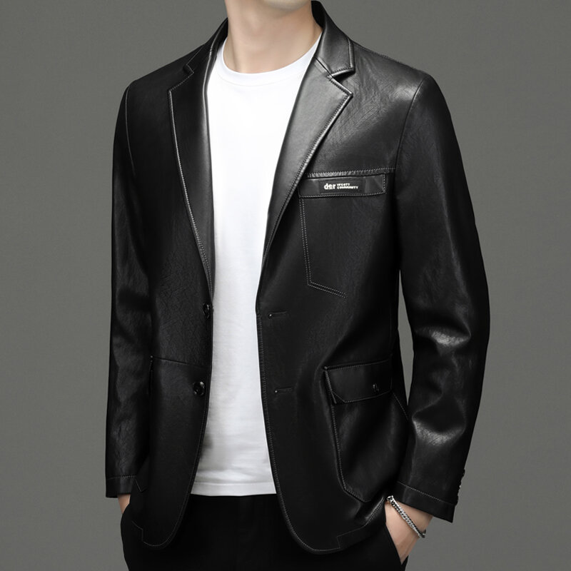 Chaqueta de cuero para hombre, traje de cuero ajustado con cuello corto, chaqueta informal de estilo coreano, novedad de 2022
