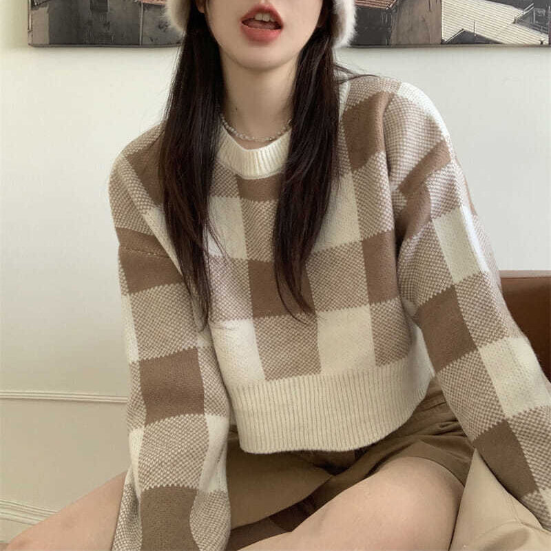 Abgeschnitten Pullover Koreanische Oansatz Plaid Druck Adrette Pullover Pullover Frauen Einfache Süße Pullover Y2k Frauen Student Pullover
