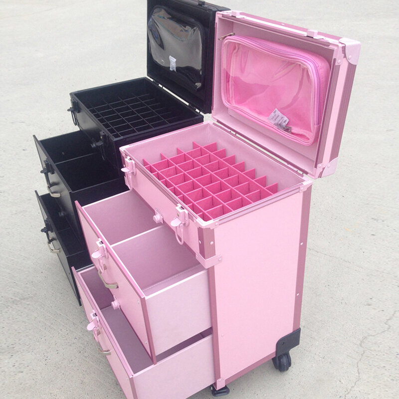 Koper Roda Kosmetik Troli Merah Muda Lucu Wanita, Kotak Peralatan Rias Kuku Hitam Mendominasi Pria, Koper Troli Tato Kecantikan