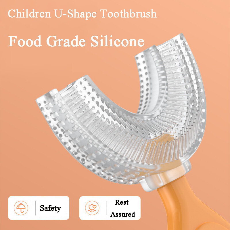Cepillo de dientes en forma de U para niños de 2 a 12 años, herramienta de limpieza para el cuidado bucal, mordedor de silicona suave, Blanqueador