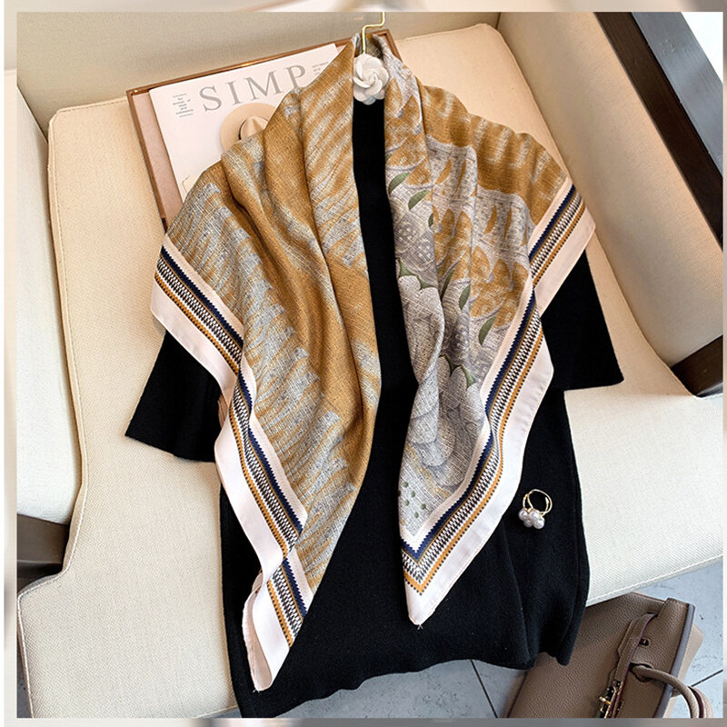 Luxury Twill Silk Square ผ้าพันคอผู้หญิง Hijab Neckerchief มุสลิมชีฟองออกแบบชายหาดผ้าคลุมไหล่ผ้าพันคอ Foulard 90*90ซม.