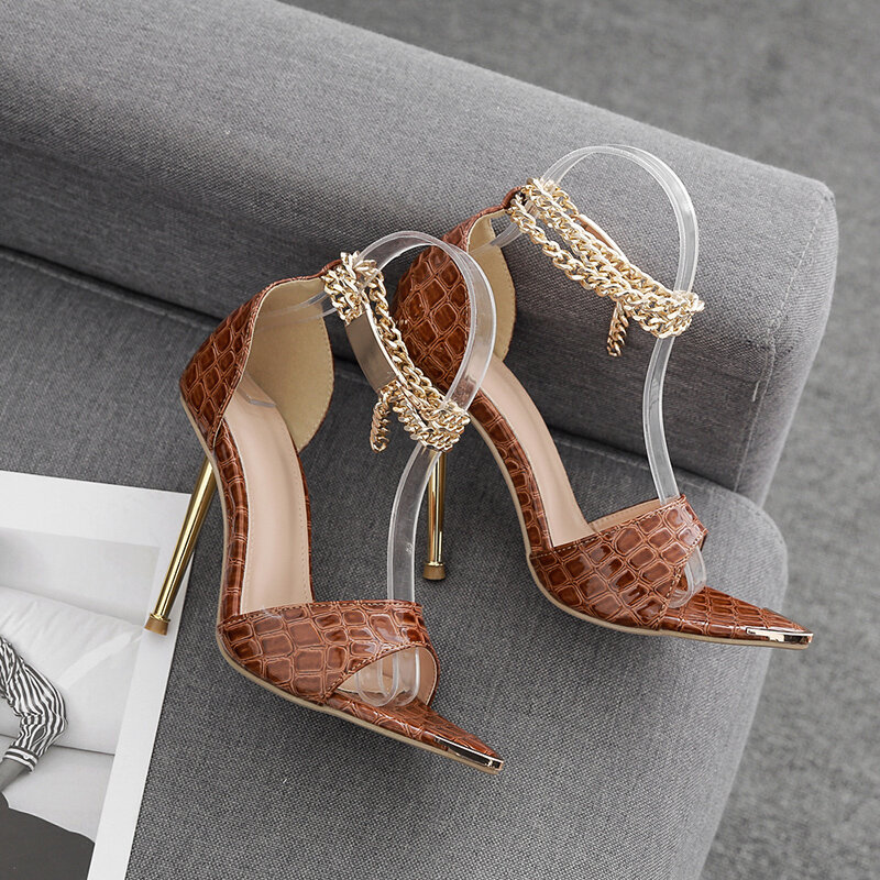 Gladiator Women Shoes Classics Pointed Toe Thin High Heel Cover Heel Ladies Party Dress Sandals Ankle Gold Chain Strap