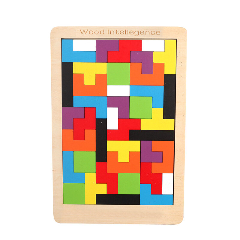 Quebra-cabeças infantil de madeira tetris, quebra-cabeças colorido para crianças, brinquedo educacional inteligente para presente