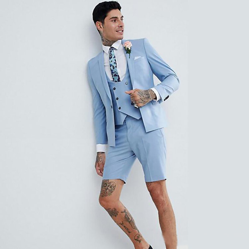 여름 해변 망 웨딩 턱시도 2021 슬림 피트 숄 옷깃 신랑 착용 정장 Groomsman Prom Blazer (Jakcet + Pant + Vest + Tie)