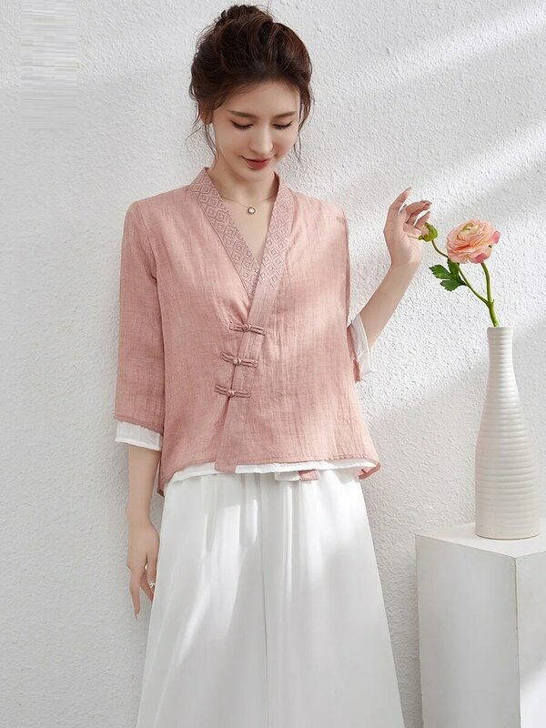 2023 New Arrival Beauty Salon Women Half Sleeve Vintage Pink SPA Uniform Chinese Traditional Disc Buckle Blouse+Wide Pants Set