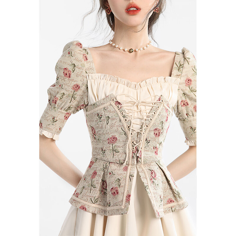 Kobiety francuska sukienka sznurowanie róża nadruk patchworkowy bufiasty krótki rękaw Casual Fashion Vintage wysoka talia krótka spódniczka damska lato