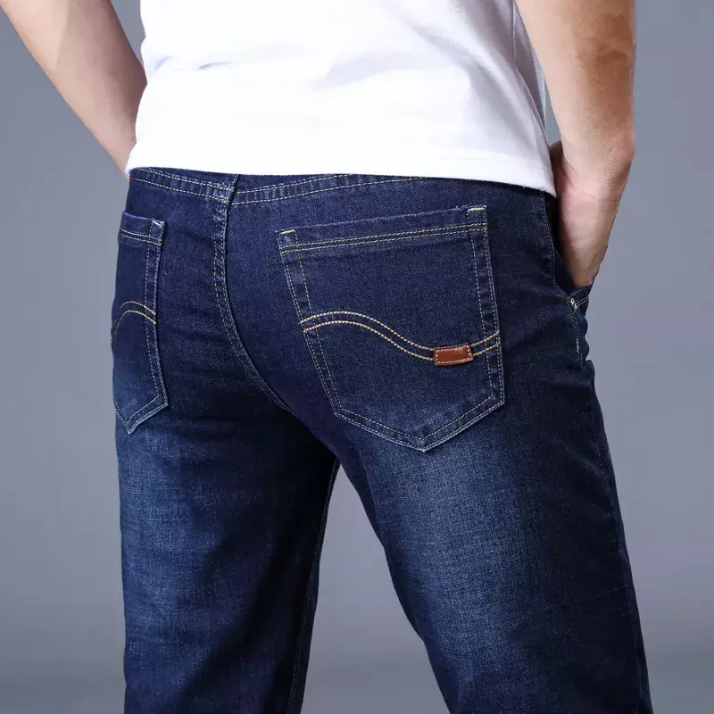 Новинка 2022, мужские классические эластичные деловые джинсы, мужские Модные Удобные однотонные облегающие прямые длинные джинсовые брюки