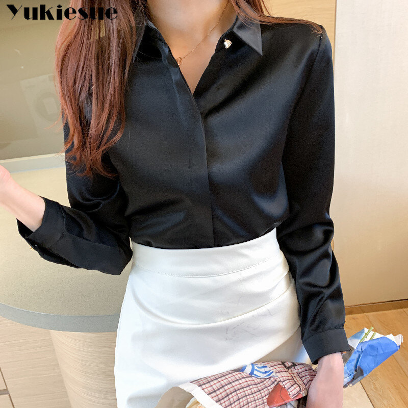 Chemise en soie pour femmes, blanche, à manches longues, pour bureau, en Satin, vêtements basiques