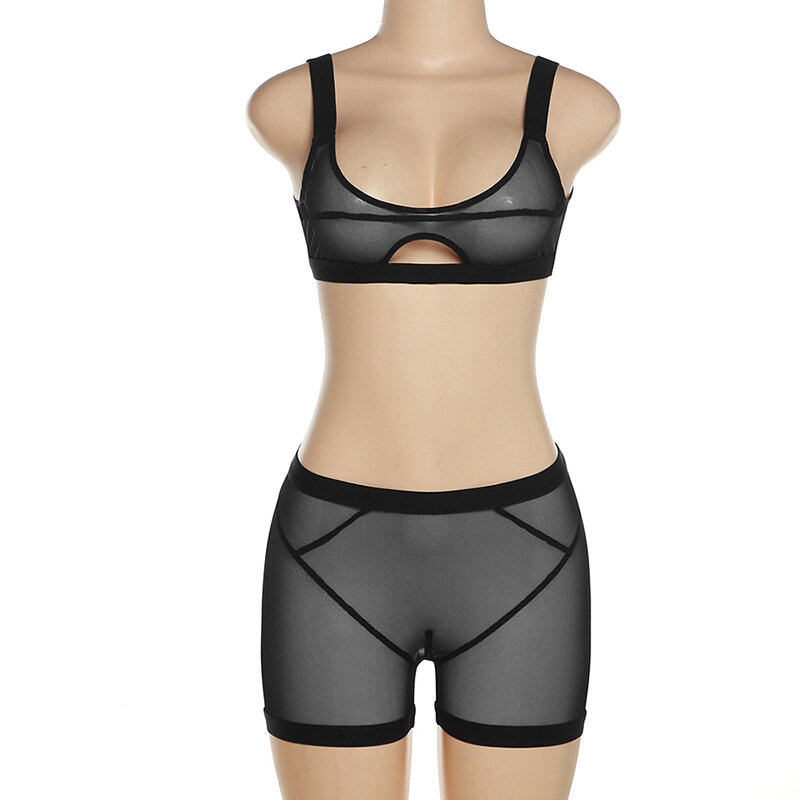 Wishyear 2022 Summer Rave Solid Sheer Mesh Two Piece Set Women Crop Top and Shorts Sexy Outfit Festival Club Wear