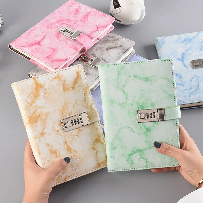 Nieuwe Wachtwoord Notebook Marmeren Textuur 100 Vellen Persoonlijk Dagboek Met Slot Code Dikke Notepad Lederen Kantoor Schoolbenodigdheden Gift