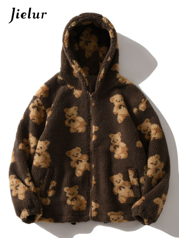Jielur-만화 곰 양털 후드 재킷, 여성 캐주얼 후드 지퍼 스웨터 테디 코트 따뜻한 후드 커플 의류